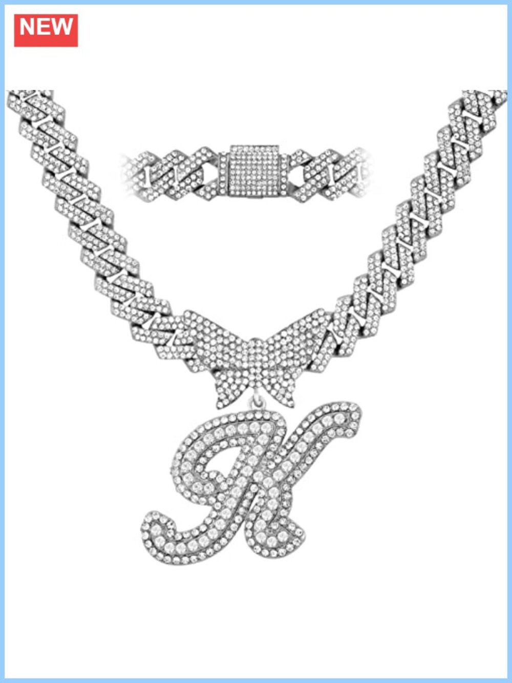 14mm Iced Out Cuban Link Chain Necklace with Silver Initial Letter Pendant